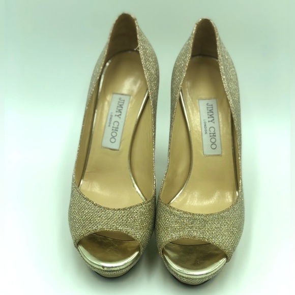 JIMMY CHOO Gold Tayten Glitter Lame Peep Toe Pumps - Picture 3 of 5